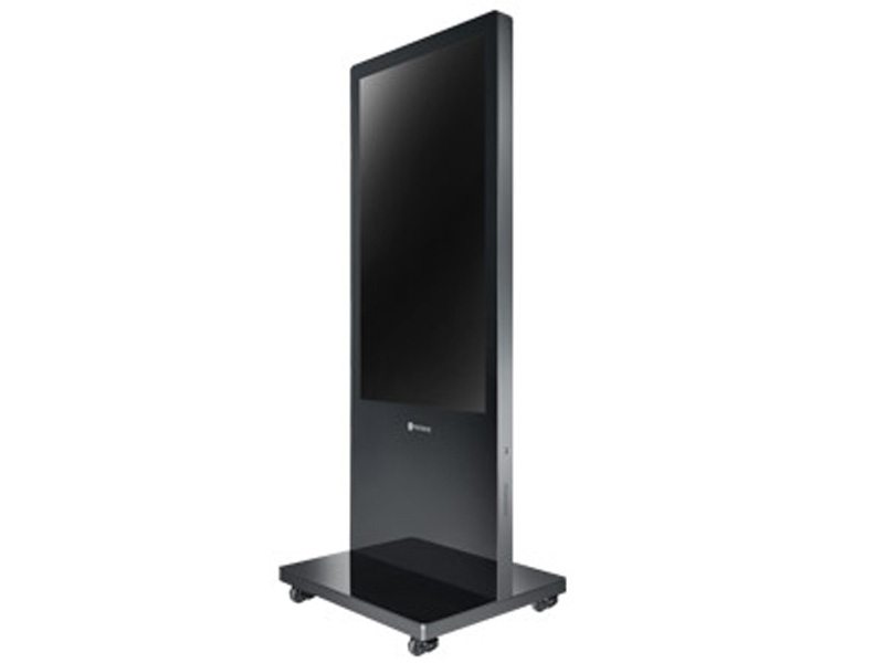 Black-framed vertical digital display kiosk on wheels with a flat base, standing against a plain white background—ideal for interactive advertising or information displays.