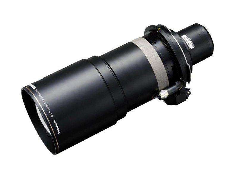 Panasonic ET-D75LE8 interchangeable lens for rent, shown in black with a cylindrical shape, metallic accents, and visible electronic components near the base, displayed against a white background.