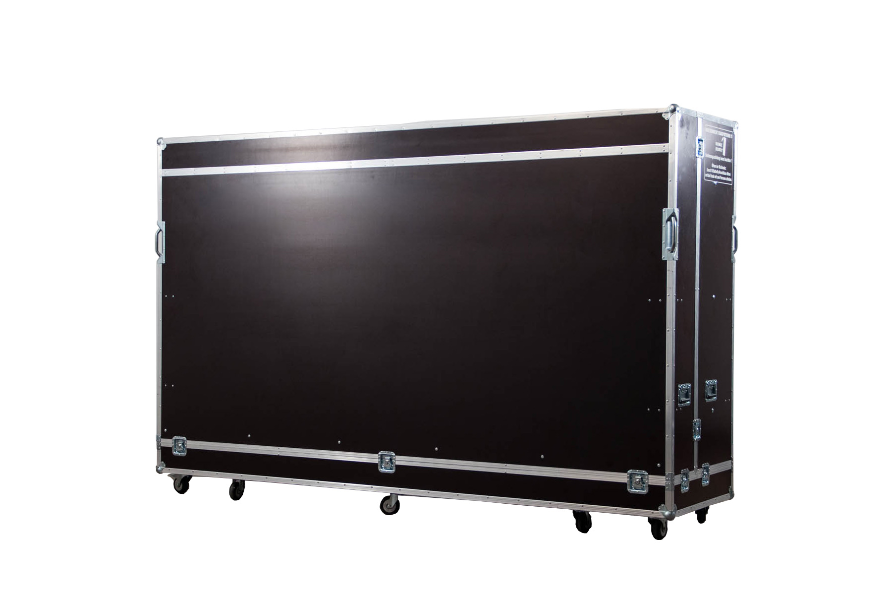 Large black equipment case for The View LED Wall 130 Inch Full HD 1.5 mm Samsung IF015H rental unit, featuring metal edges and six caster wheels, shown isolated on a white background.