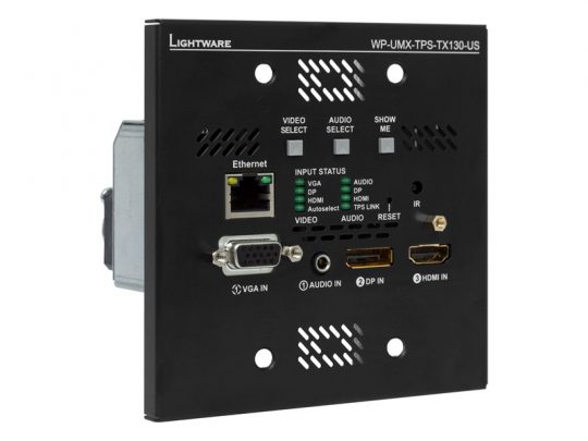 Lightware WP-UMX-TPS-TX130-US wall plate device showing VGA, HDMI, audio, and Ethernet ports with input status LEDs; used for professional video and audio signal switching and transmission.