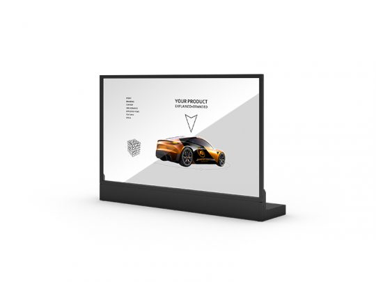 55 Zoll Full HD T-Oled Screensource MIR55IRL transparent display with black frame and base, showing a digital image of an orange sports car with overlaid text and diagrams, freestanding against a white background.