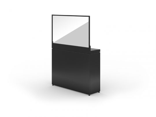 The image shows a Screensource MIRS55IRL 55 Zoll Full HD T-Oled counter with a sleek black rectangular frame and a transparent acrylic screen, displayed against a plain white background.