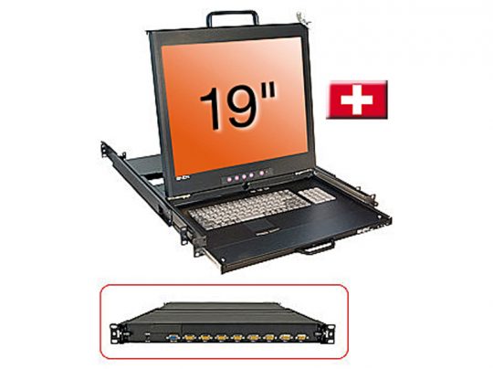 Lindy 21654 19 Zoll input terminal rackmount console shown open with a pull-out LCD monitor, integrated keyboard, and touchpad; also pictured closed. A Swiss flag icon is displayed next to the screen, highlighting compatibility for Switzerland.