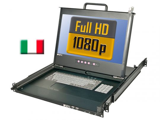 Lindy 21691 KVM console 19 Zoll Terminal PRO IT rack-mounted, featuring a foldable keyboard and Full HD 1080p monitor, with an Italian flag displayed to the left.