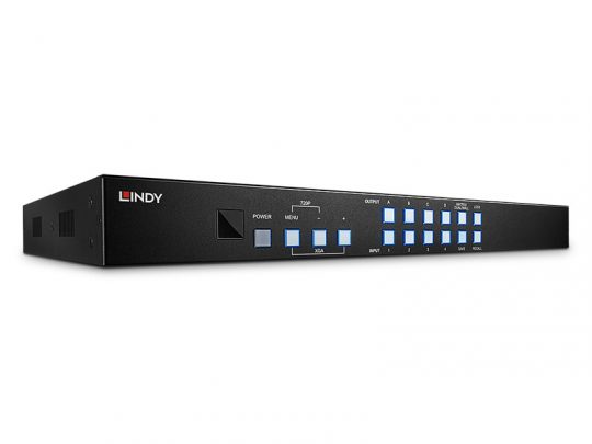Lindy 38131 Matrix Switcher – front view showing multiple blue buttons and clearly labeled input/output ports on a sleek black, rack-mountable panel, designed for professional audio-visual setups.
