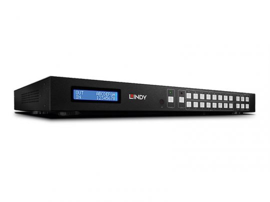 Lindy 38153 Matrix Switcher - A sleek black audio/video signal switching device featuring a digital display, control buttons, and multiple input/output ports, displayed on a white background.