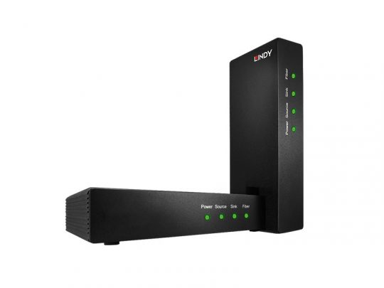 Two black rectangular Lindy 38403 DisplayPort 1.2 Extender devices, each with green indicator lights labeled Power, Source, Sink, and Fiber; the standing unit features the LINDY logo. These networking equipment extenders are designed for transmitting DisplayPort signals over long distances using fiber optic cables.