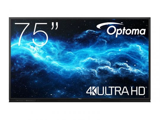 75-inch Optoma 4K Ultra HD TV displaying a vibrant blue outer space scene with stars and swirling clouds; the screen features the Optoma logo and the text 75 and 4K Ultra HD.