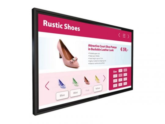 Online shop screen displaying Rustic Shoes court shoe for €59 with color options in blue, mint, pink, and yellow, plus size selection buttons on a pink and white interface.