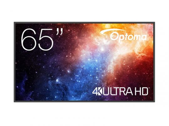 Optoma 65-inch 4K Ultra HD display screen showing a vibrant space and galaxy background, highlighting the TV’s sharp resolution and vivid colors.