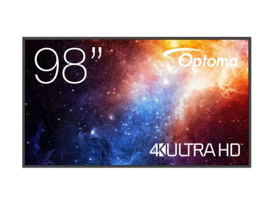 Optoma 98-inch 4K Ultra HD display showing a vibrant, colorful galaxy with bright stars and nebulae; large flat screen features vivid cosmic details, ideal for immersive home entertainment.