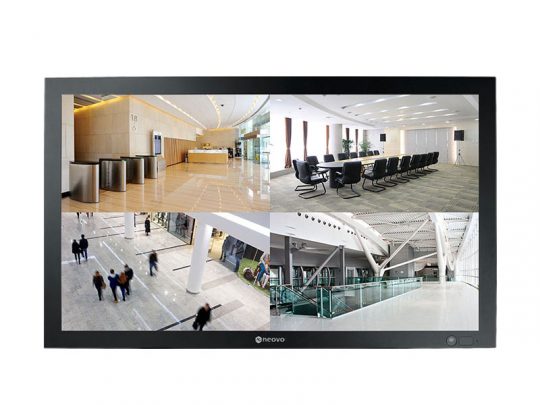 Security monitor displaying four surveillance camera feeds of a modern office building, featuring views of the lobby, conference room, people walking in a hallway, and an empty walkway—ideal product for office security solutions.