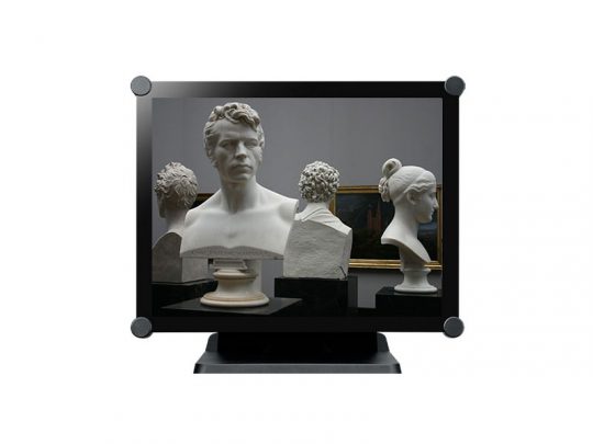 Computer monitor displaying an image of four classical white bust sculptures, each turned in different directions, set against a dark background resembling a museum or art gallery.