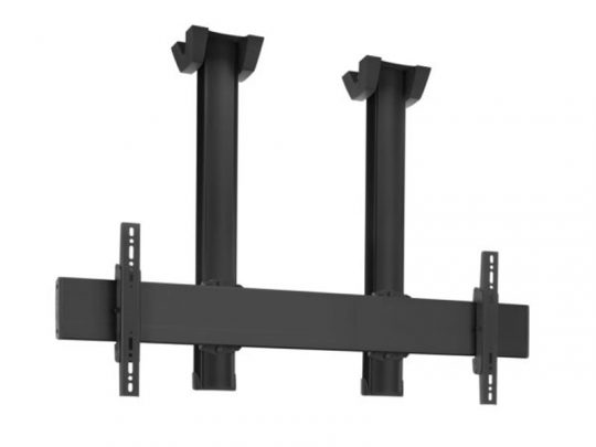 Black double-ceiling TV mount with adjustable horizontal bar and two vertical brackets, designed to securely hold and display two flat-screen TVs from the ceiling—ideal for commercial or home use.