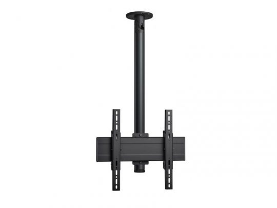 Ceiling-mounted TV bracket in black with an adjustable pole and flat mounting plate, designed to securely hold a flat-screen television hanging from the ceiling.