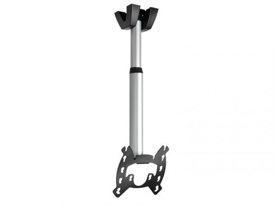 Silver and black adjustable ceiling mount bracket for TV or monitor, featuring a sturdy metal pole with a mounting plate at one end and secure attachment points at both ends for easy installation. Ideal for ceiling-mounted TV or monitor setups.