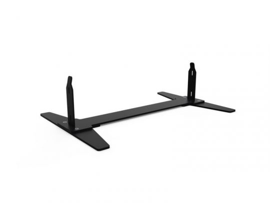 Black metal TV stand base featuring two angled legs on each side and two vertical mounting brackets, designed for flat-screen TVs, displayed against a white background.