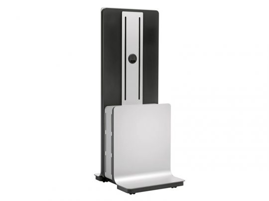 Vertical device stand with sleek black and silver design, featuring a tall back panel and wide angled base for stable support—ideal for laptops or tablets.