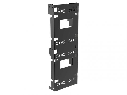 Black rectangular mounting bracket with multiple cutouts, slots, and attachment points for supporting or housing electronic devices; made of durable metal or plastic. Perfect for secure installation of electronics and components.