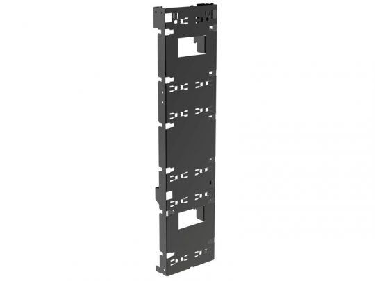 Black rectangular metal mounting bracket with multiple slots and cutouts, shown upright against a white background. This sturdy bracket is designed for electronic or mechanical assembly applications.