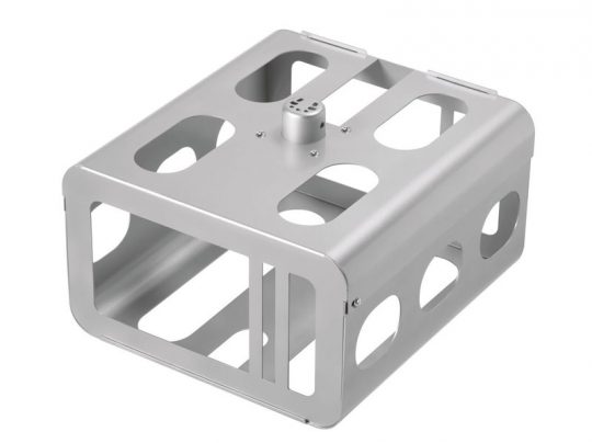 Silver metal mounting bracket for electronics, rectangular with rounded edges, multiple oval and circular cutouts on sides and top, and a central raised component with holes for secure attachment. Ideal for electronic device assembly or DIY projects.