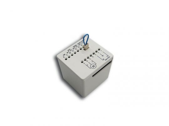 Compact white electrical relay module, featuring multiple labeled connection ports and a blue jumper wire inserted; product is displayed on a plain white background—ideal for Arduino or Raspberry Pi projects.
