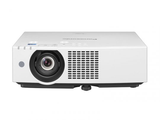 Front view of a white Panasonic projector featuring a prominent lens on the left side and ventilation grilles on the right, with a sleek rectangular design, rounded corners, and sitting on a flat surface. Perfect for home theater or business presentations.