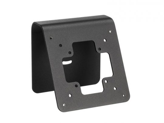 Black metal mounting bracket for electronics, featuring multiple holes and cutouts for attaching monitors or screens. The angled bracket is displayed on a white background, showing its sturdy design and versatile mounting options.