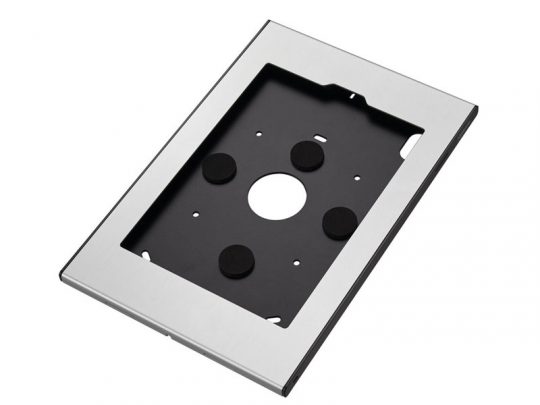 Rectangular wall plate for electrical devices, featuring a metal and plastic design with a central cutout and four circular black mounting pads. Ideal for secure outlet or device installation.