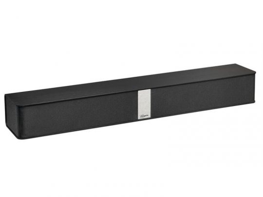 Black rectangular soundbar with a silver accent in the center, displayed on a white background. The sleek design makes it ideal for home entertainment setups.