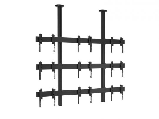 Black metal ceiling-mounted video wall bracket with six adjustable arms in two rows of three, designed to securely hold six flat-screen monitors for commercial display use.