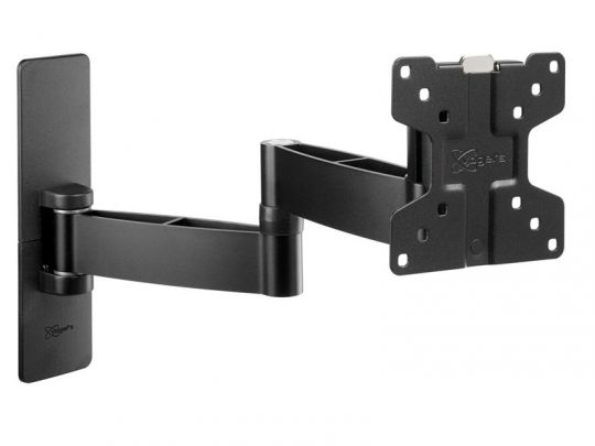 Black wall-mounted adjustable TV or monitor bracket with multiple screw holes for secure mounting and an extendable arm for flexible screen positioning. Ideal for home or office setups.