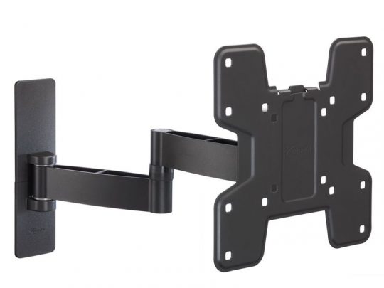 Black adjustable TV or monitor wall mount bracket with swivel arm, designed for flat-screen displays. The mount features multiple screw holes for secure installation and allows extension, tilting, and rotation for flexible screen positioning.