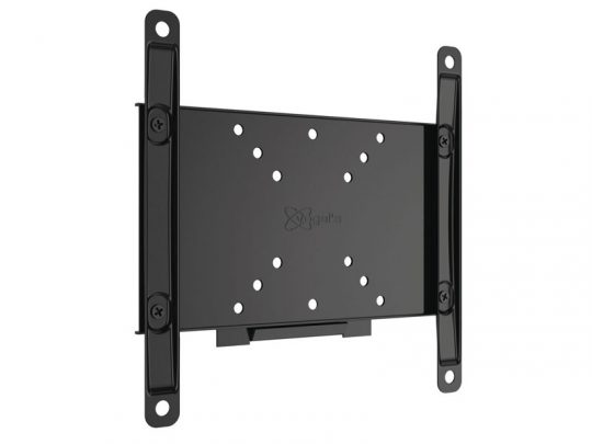 Black metal TV wall mount bracket with multiple screw holes for adjustable installation, designed to securely attach flat-screen televisions to a wall. Suitable for various TV sizes and VESA patterns.