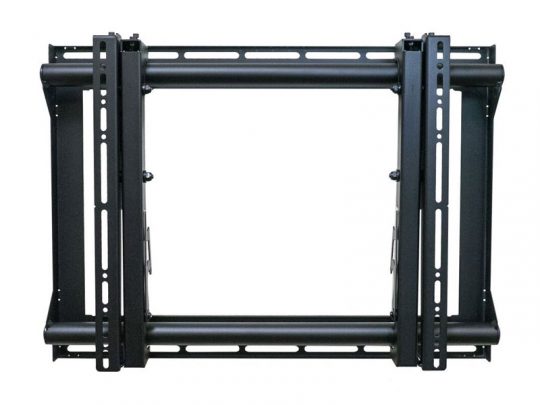 Black metal TV wall mount bracket with adjustable arms and multiple screw holes, designed to securely hold flat-screen TVs or monitors; rectangular frame shown from the front.