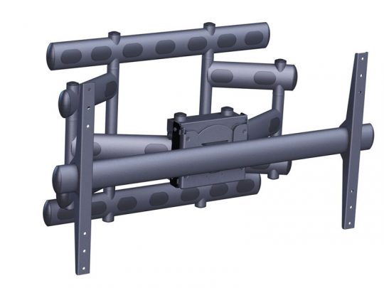 3D rendering of a universal wall mount bracket for flat-screen TVs, showing adjustable arms and sturdy mounting plates for versatile positioning and secure support. Ideal for modern home entertainment setups.