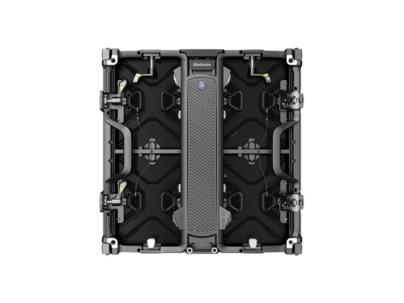Rear view of Unilumin URMIII 2.6 MK2 Pro LED wall module, 2.6mm pixel pitch, showing its black rectangular frame with metal handles, support bars, a central column featuring a blue power button and the Unilumin logo.