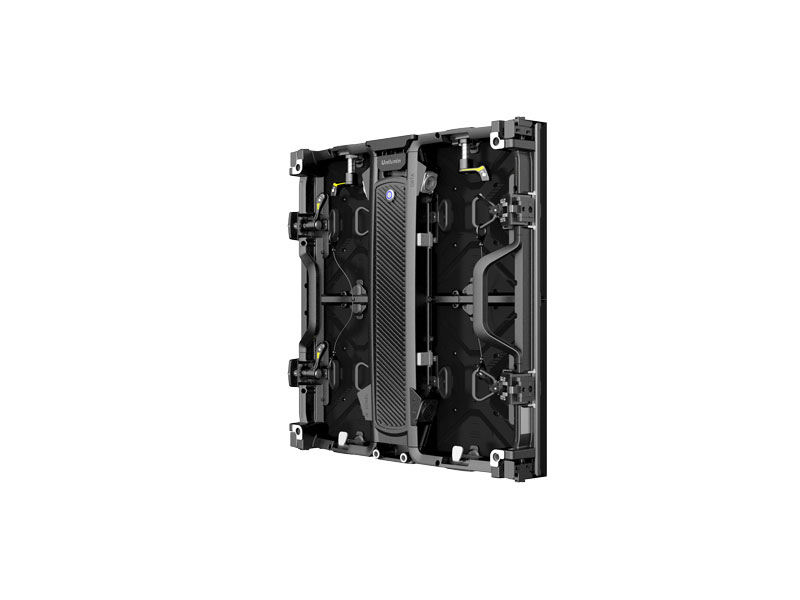 Unilumin URMIII 2.6 MK2 Pro LED wall module—black, rectangular 2.6mm pixel pitch display panel shown from the rear at a slight angle, revealing internal electronic components, sturdy metal frame, and a central carrying handle; isolated on a white background.
