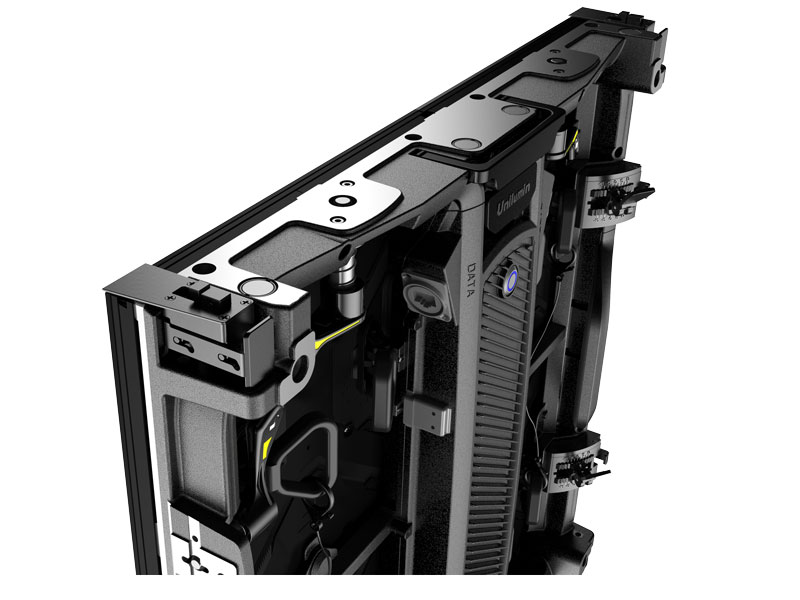 Close-up photo of the back of a Unilumin URMIII 2.6 MK2 Pro LED wall module, 2.6mm pixel pitch, highlighting connectors, locking mechanisms, and structural components for secure installation—ideal for detailed visual display setups.