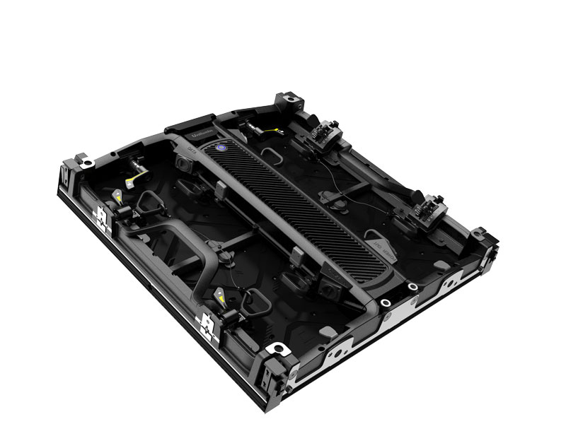 Close-up view of the Unilumin URMIII 2.6 MK2 Pro LED wall module 2.6mm, featuring a sleek black modular design with visible connectors and structural elements, displayed on a plain white background.