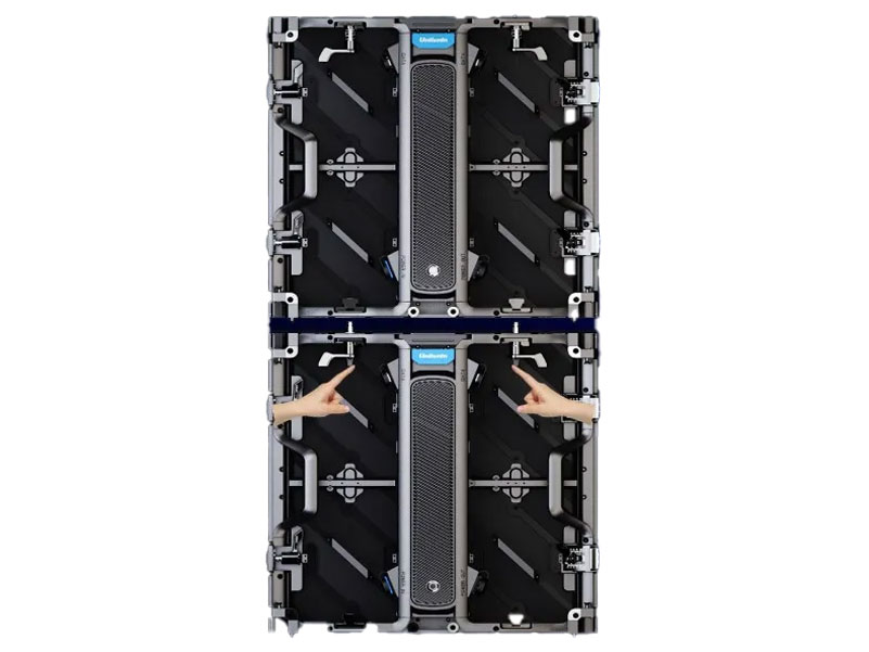 Two large rectangular black LED display panels, stacked vertically, with silver handles in the center of each panel; two hands point at the seam between the LED panels.