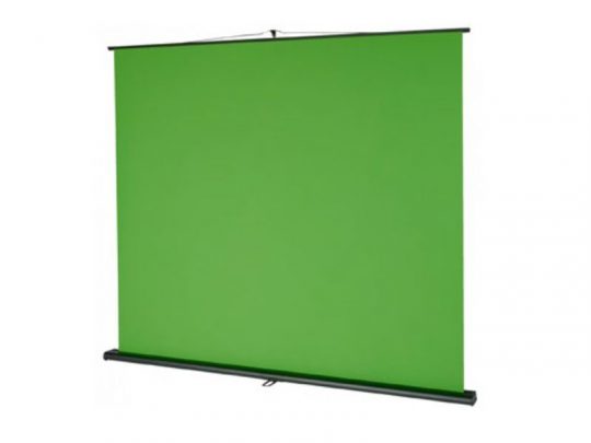 Celexon Greenscreen Pull-up Screen—portable green screen backdrop with a black base and top, easily extends upright for professional-quality video or photo shoots; ideal for content creators needing a seamless, chroma key background.