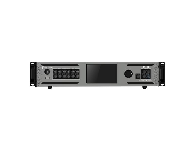 Front view of the PIXELHUE P10 Seamless Switcher in a new flight case, showing its rack-mountable enclosure with keypad, display screen, control knob, and prominent “P10” label on the right. Ideal for professional AV switching.