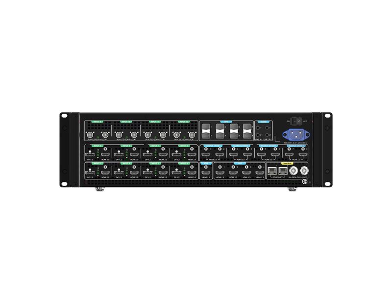 Front view of PIXELHUE P20 Seamless Switcher with Flightcase, a new black rack-mounted unit designed for data centers or IT setups, featuring multiple ports, indicator lights, switches, cooling vents, and power connectors; displayed on a white background.