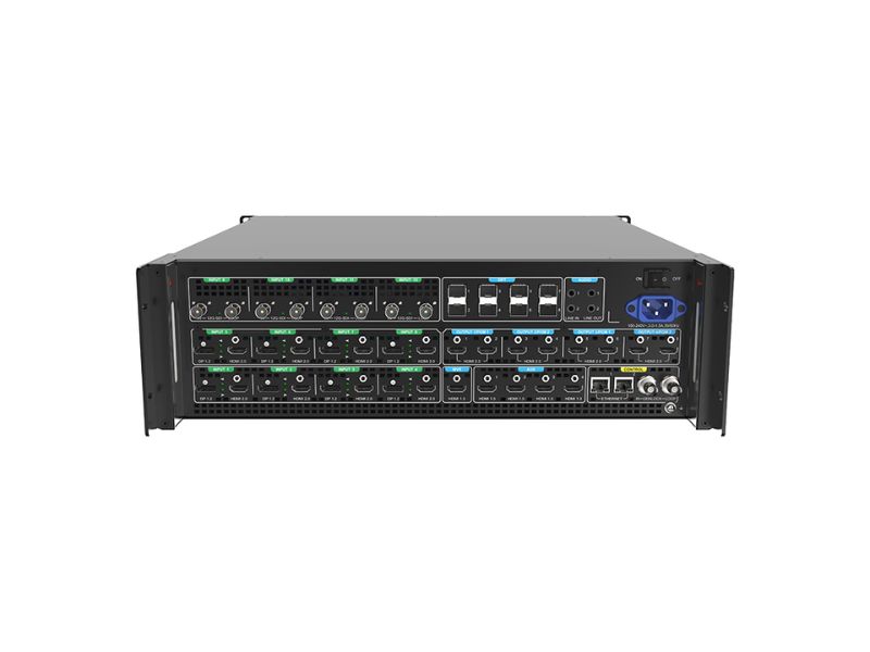 PIXELHUE P20 Seamless Switcher with Flightcase (new) shown in a black rack-mounted design, featuring multiple network and USB ports, a front power switch, rows of hard drive bays, and status indicator lights on the front panel for professional AV control solutions.