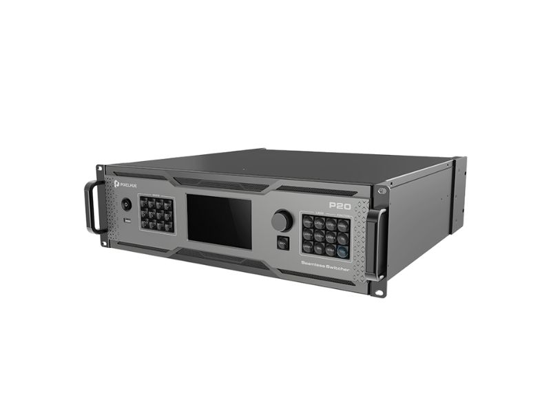 PIXELHUE P20 Seamless Switcher with Flightcase – Professional rack-mount video switcher in a durable flightcase, featuring side handles, central digital display, keypads on both sides, and a sleek gray-black front panel labeled P20. Ideal for live event production and multi-screen displays.