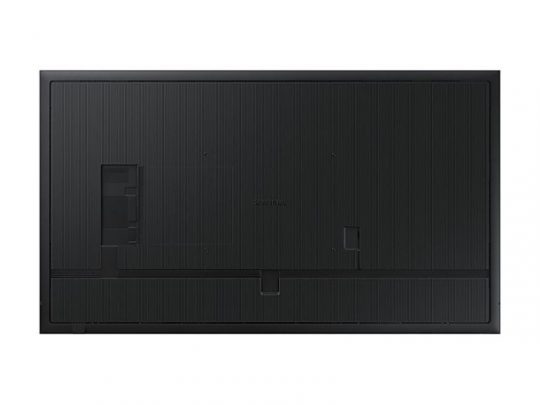 Rear view of Samsung QB85C 85-inch Smart Signage Display for rent, featuring a sleek black back panel with subtle recessed areas and visible ports; the design is minimalistic with no visible logos or labels.