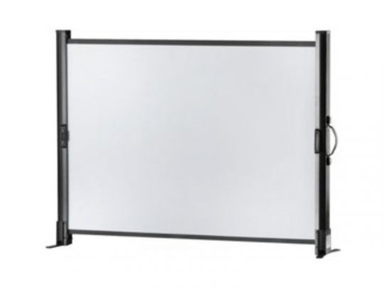 Celexon table screen Professional—freestanding, rectangular privacy panel with a black metal frame, side handle, and two wide support feet; ideal for workspaces or meeting rooms.