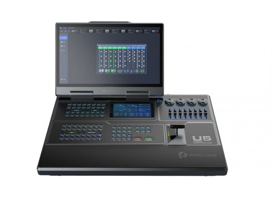 PIXELHUE U5 Event Controller – A sleek black event-controller with a fold-up touchscreen displaying a control interface. The surface features numerous clearly labeled buttons, knobs, and sliders for precise event management and live production control. New model available for purchase.