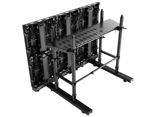 Unilumin Stacking - URMIII 2.6 MK2 Pro 2in1 Bracket metal frame stand supporting a large flat LED video wall from behind with adjustable bars and a textured maintenance platform for easy rear access to the LED panels.